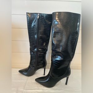 Faux Leather Croc Knee High Boot